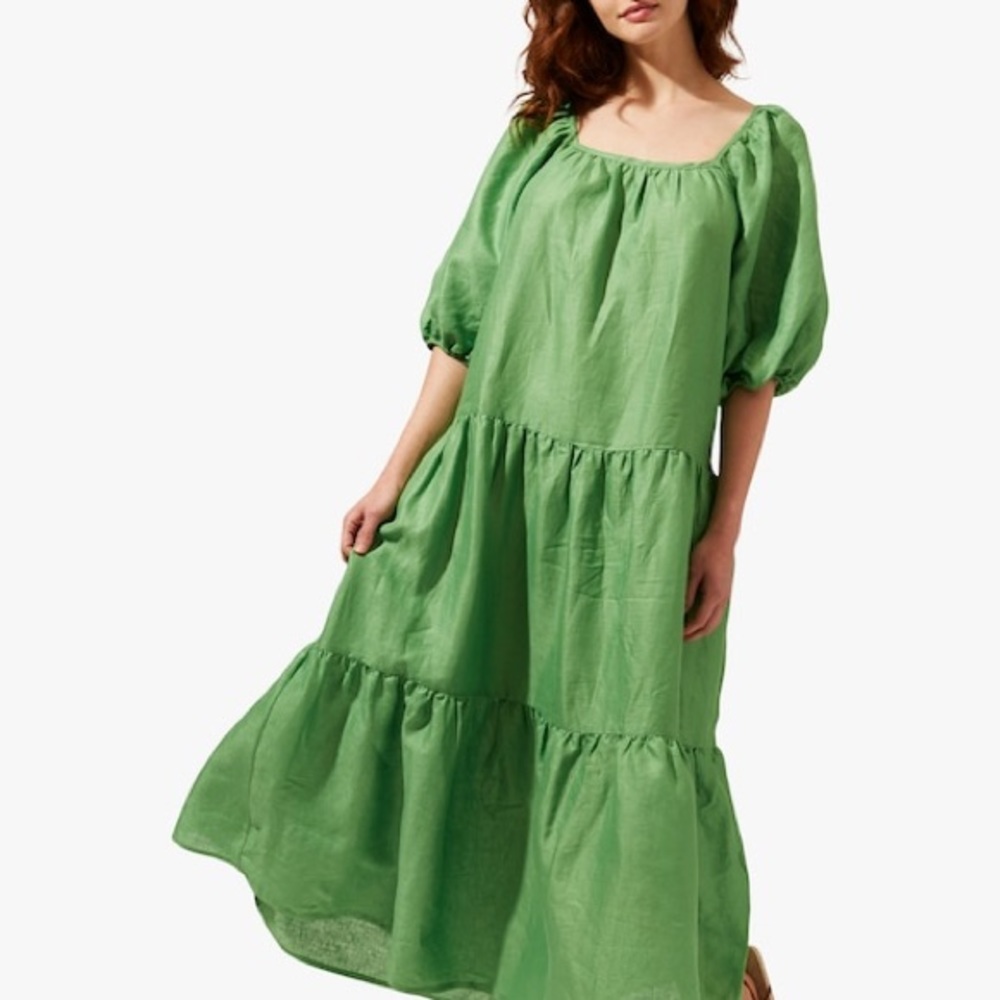 RESERVED Solid & Striped Green Linen Tiered Maxi